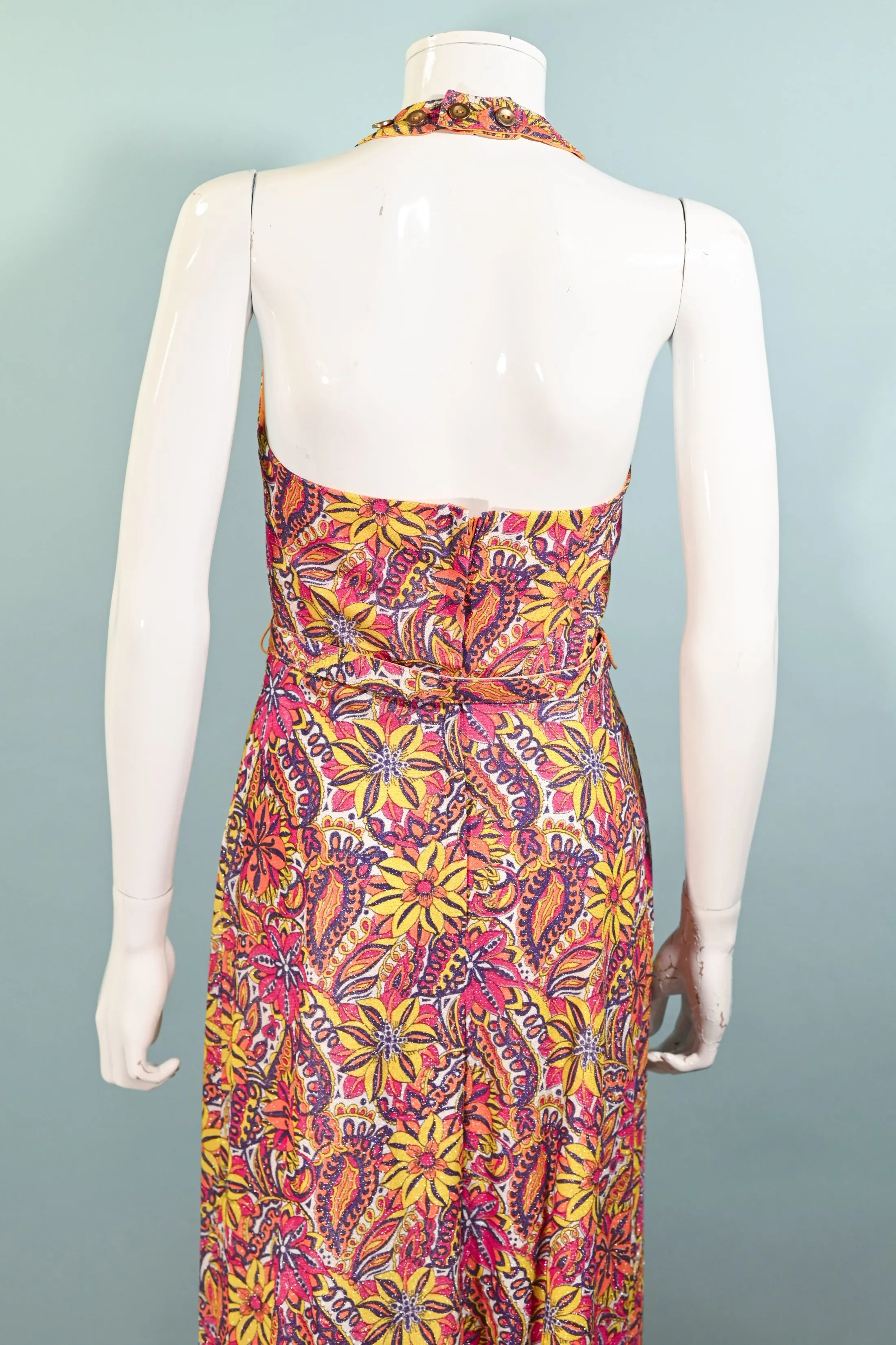 SOLD Vintage 60s/70s Sparkle Halter Dress, Floral Psychedelic Maxi Dress S