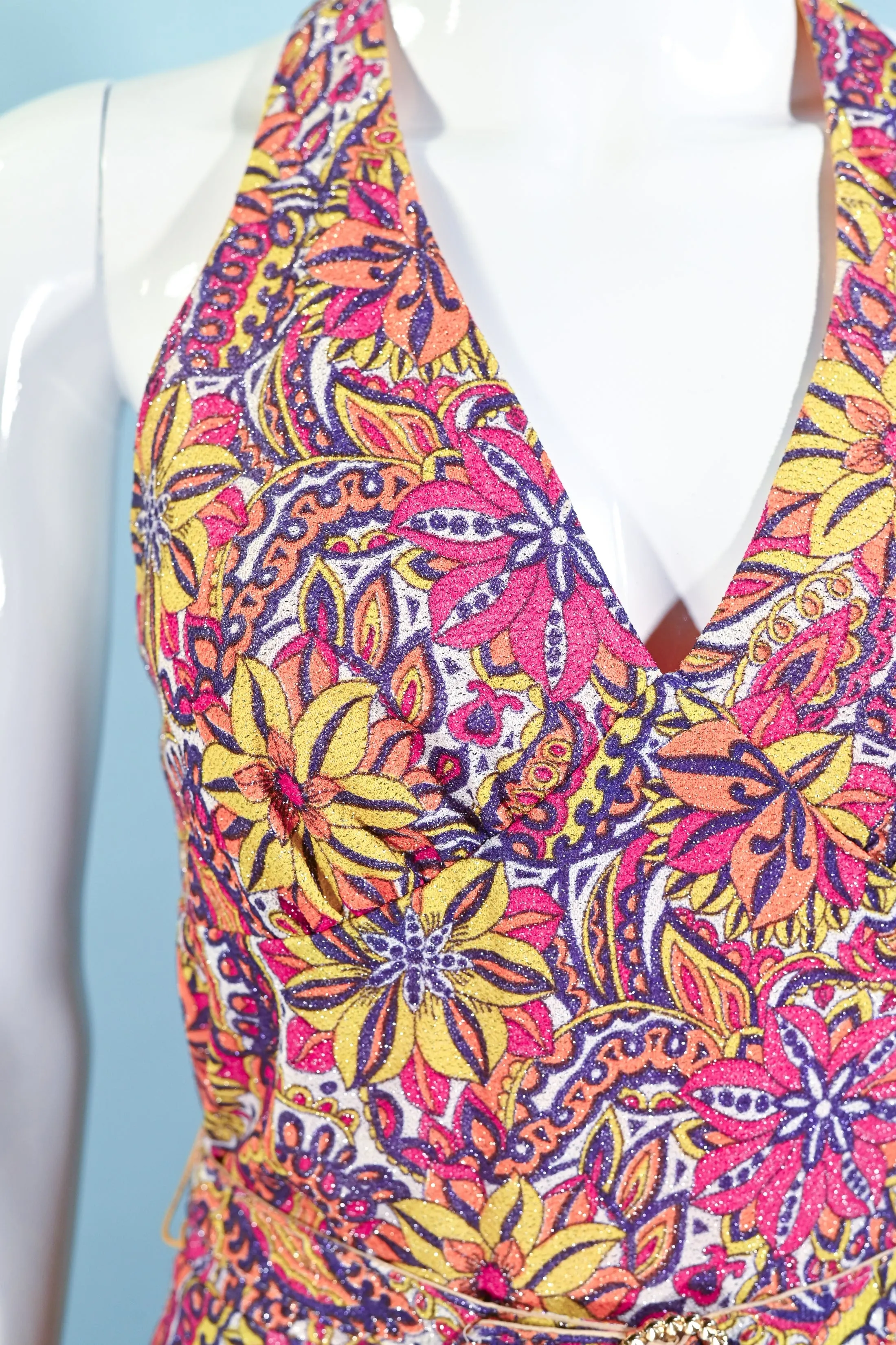 SOLD Vintage 60s/70s Sparkle Halter Dress, Floral Psychedelic Maxi Dress S