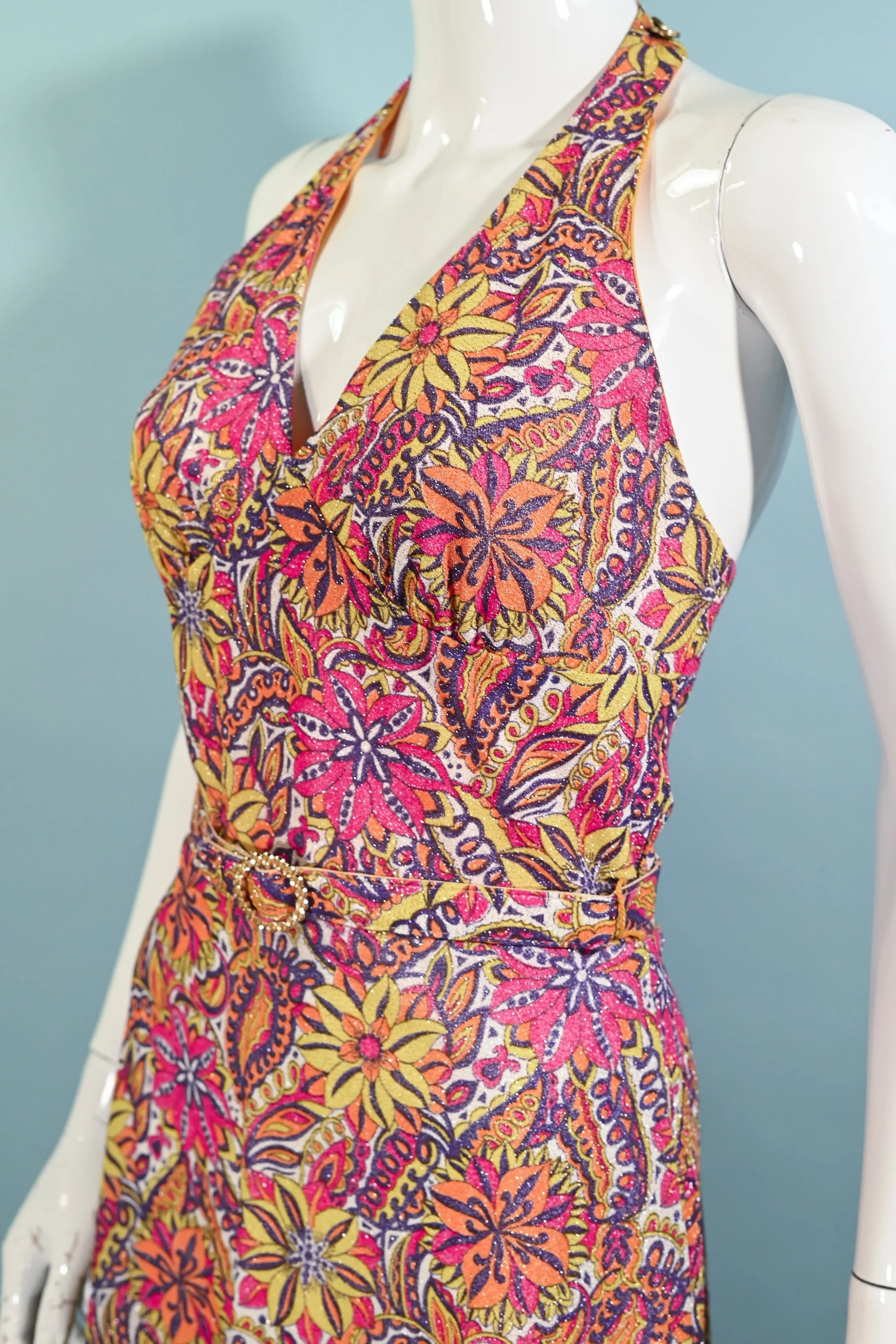 SOLD Vintage 60s/70s Sparkle Halter Dress, Floral Psychedelic Maxi Dress S