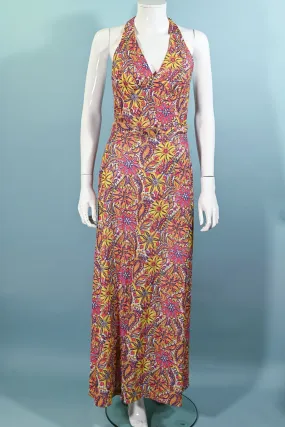 SOLD Vintage 60s/70s Sparkle Halter Dress, Floral Psychedelic Maxi Dress S