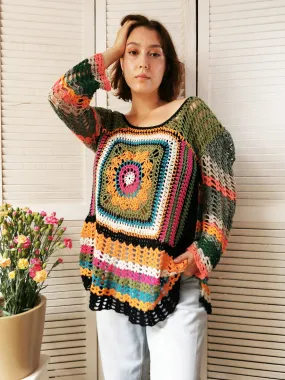 Vintage 70s colorful handmade crochet long jumper top