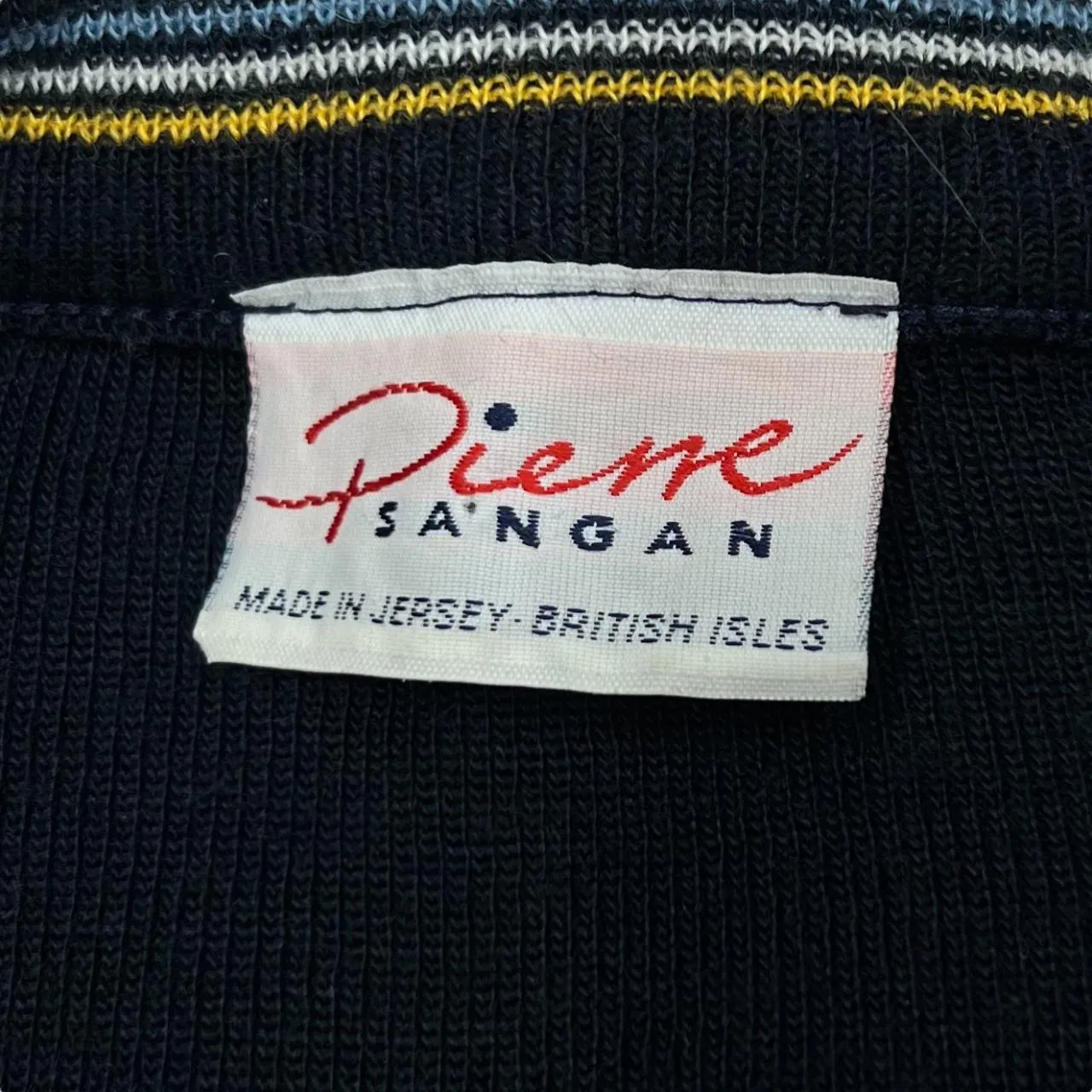 Vintage 80's PIERRE SANGAN Made In Jersey Striped Trim Acrylic Wool V-Neck Knit Sweater Jumper