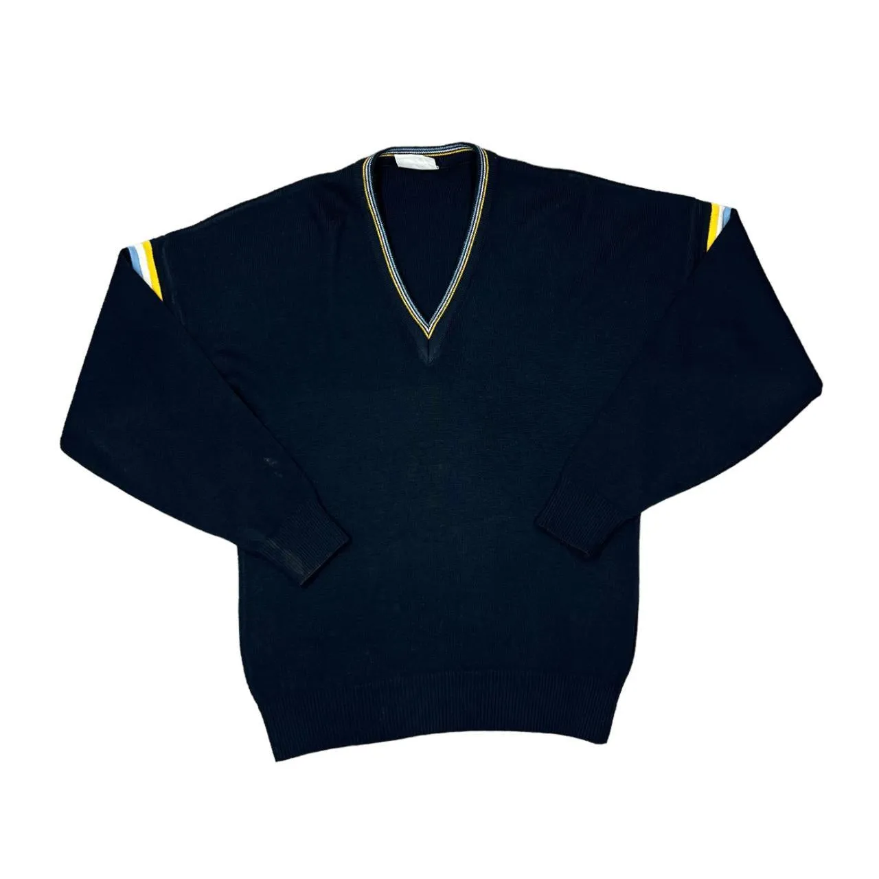 Vintage 80's PIERRE SANGAN Made In Jersey Striped Trim Acrylic Wool V-Neck Knit Sweater Jumper