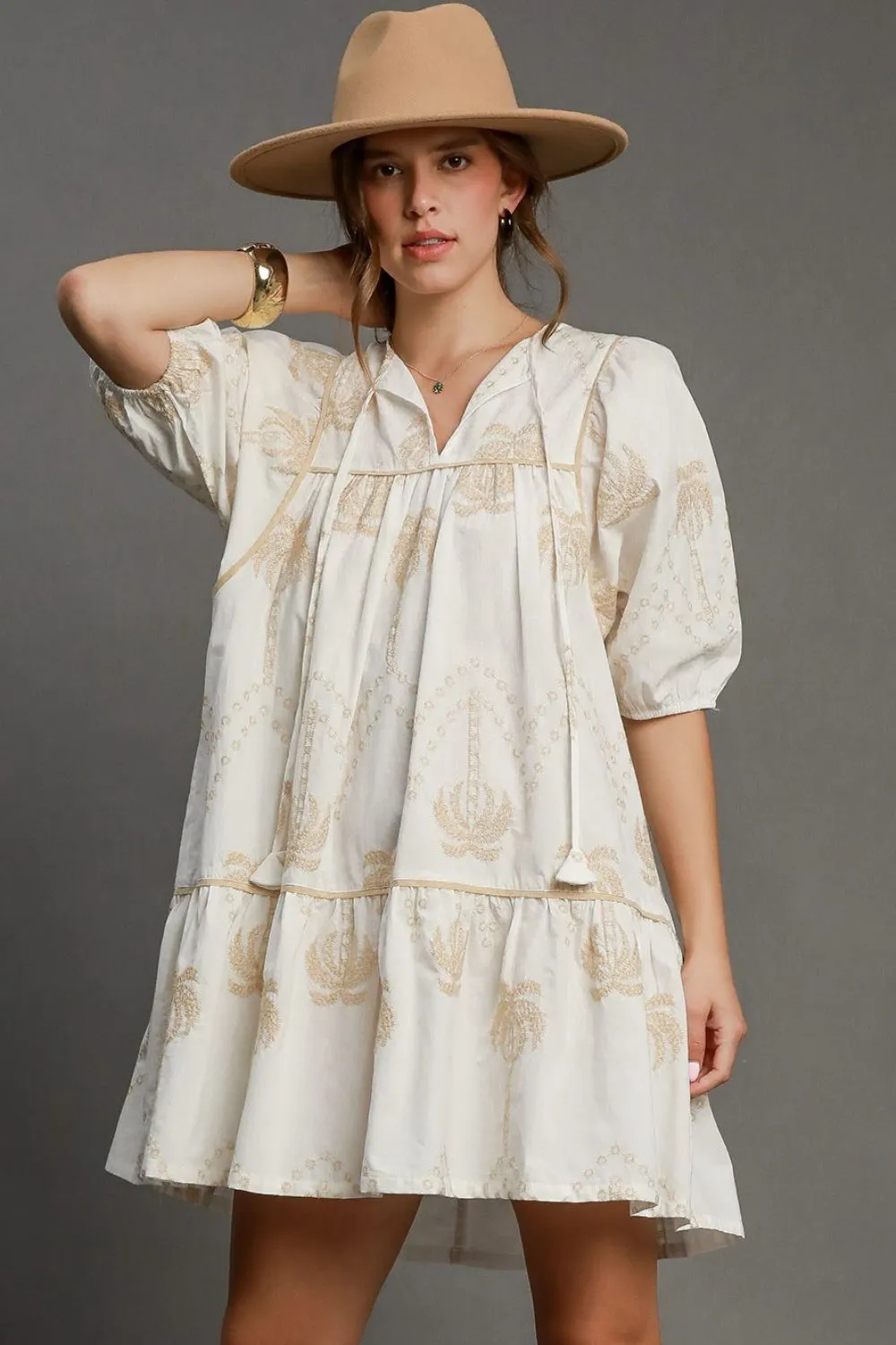 Vintage Dreams Embroidered Puff Sleeve Babydoll Dress