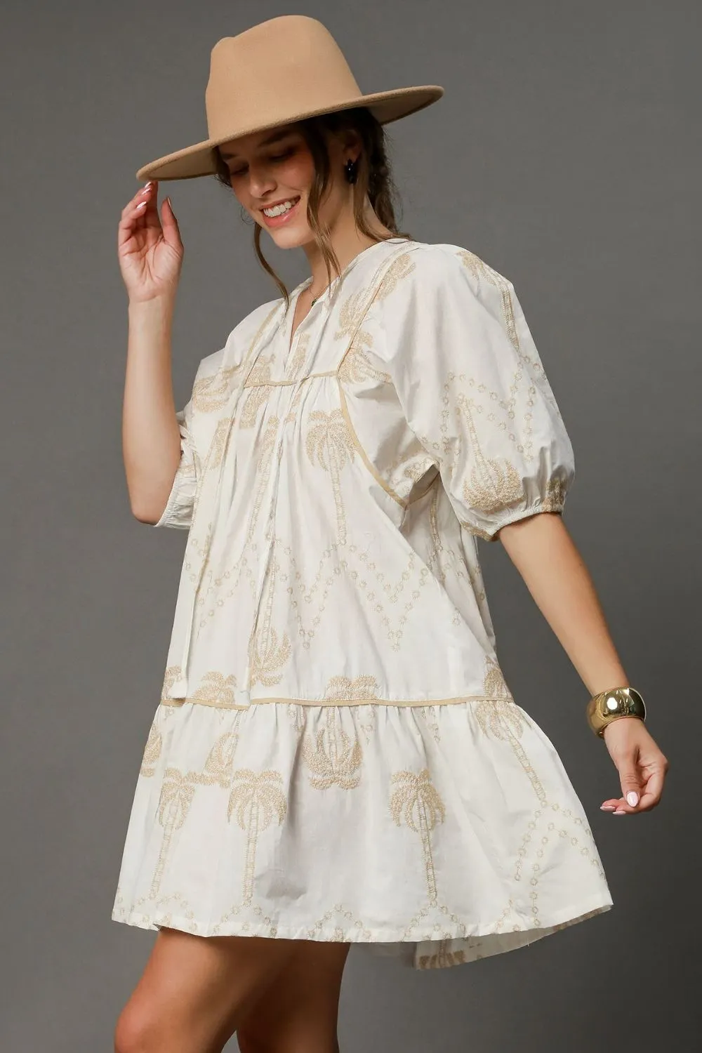 Vintage Dreams Embroidered Puff Sleeve Babydoll Dress