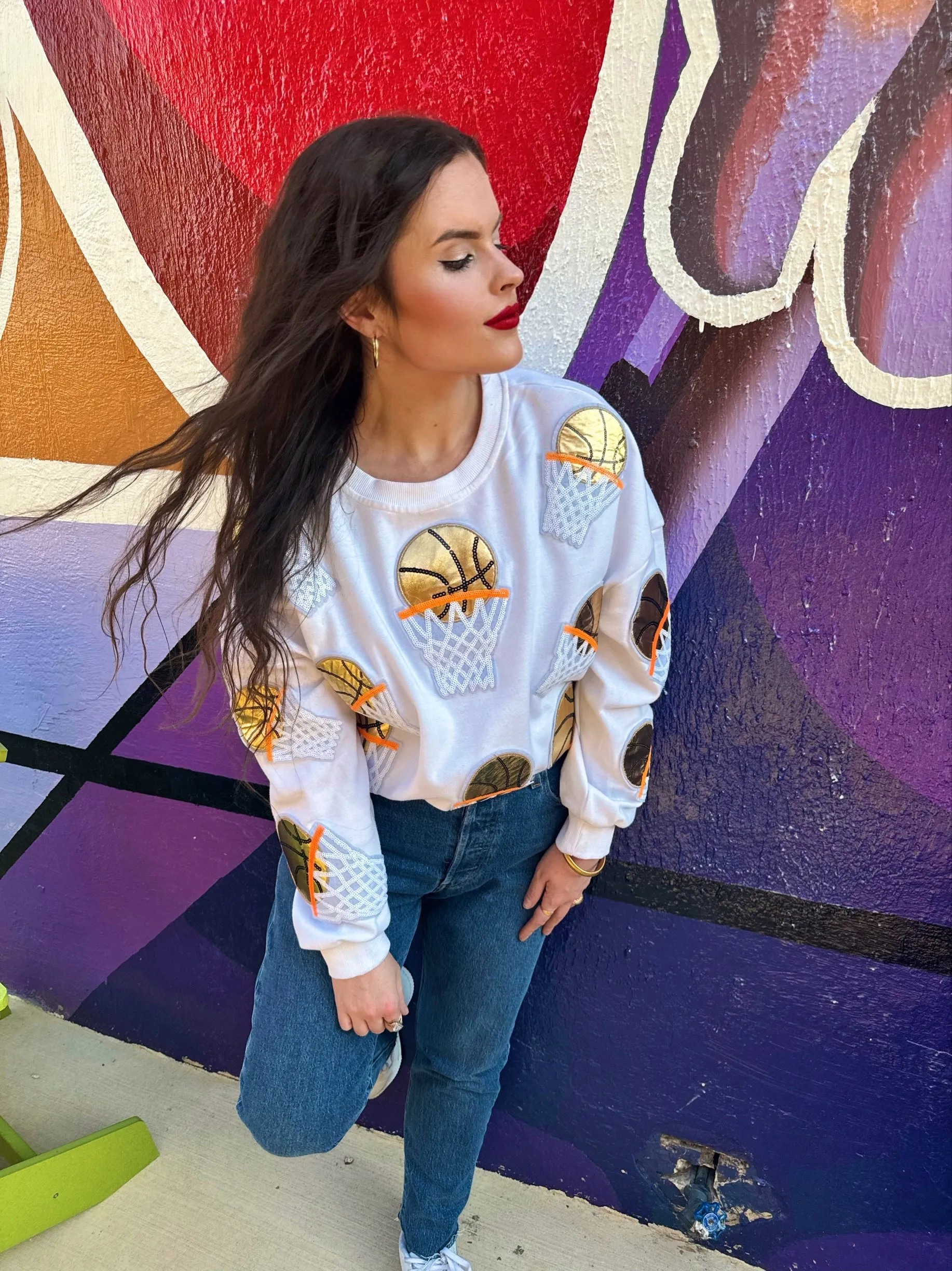 White Embroidered Basketball Sweatshirt