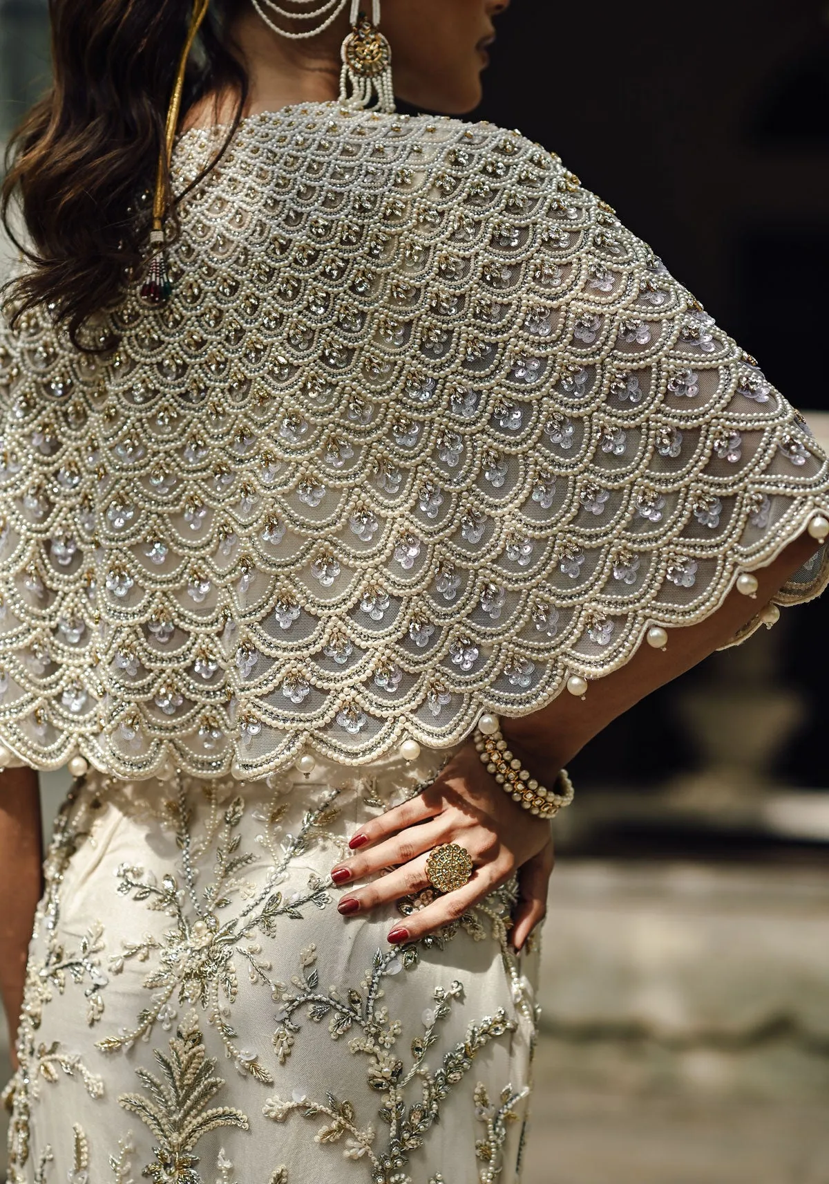 White Pearl Embellished Cape with Embellished Pencil Skirt