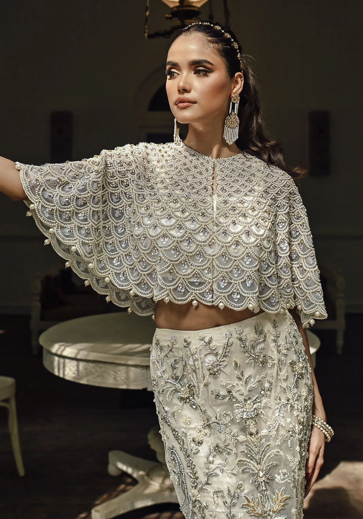White Pearl Embellished Cape with Embellished Pencil Skirt