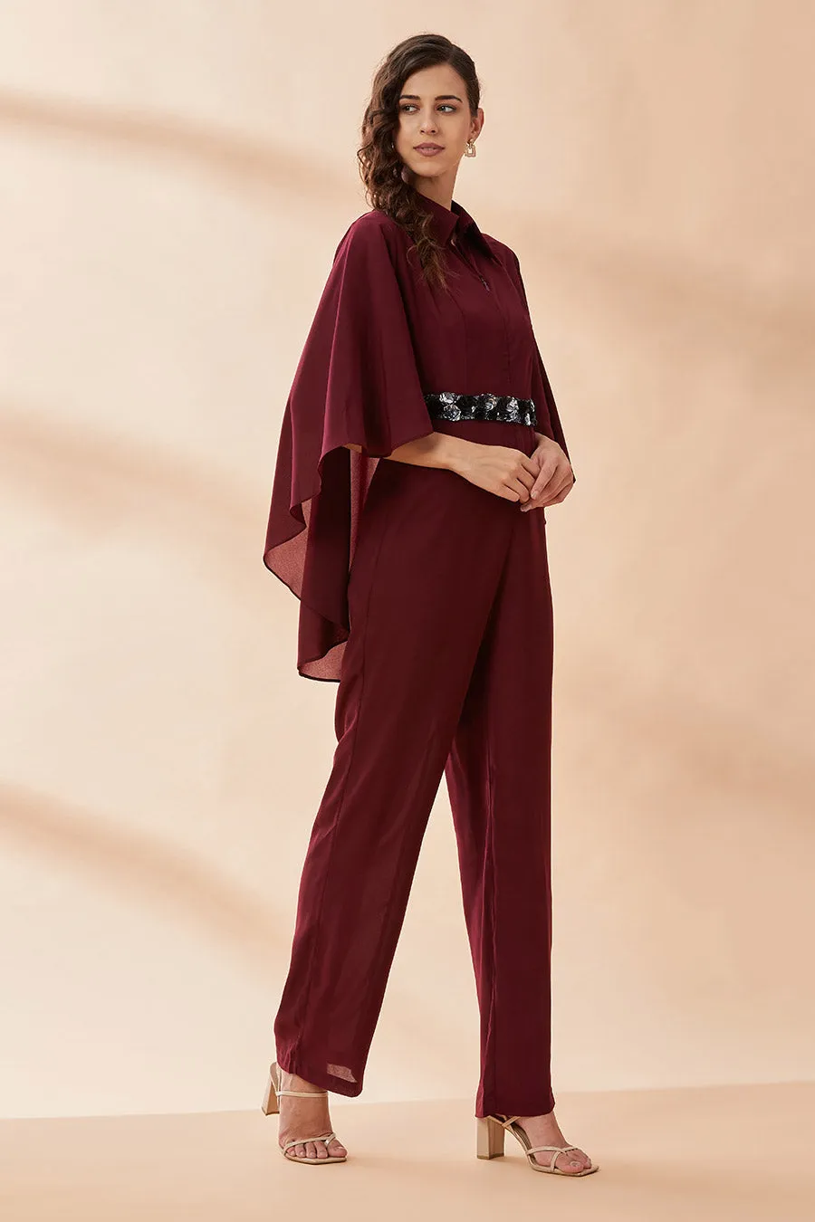 Wine Cape Jumpsuit With Belt