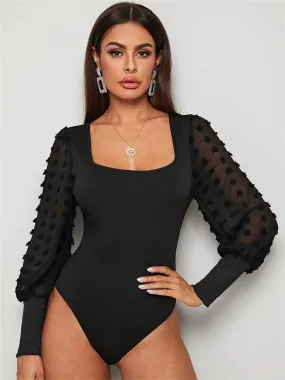Women Slim Long Sleeve Bandage Square Collar Bodysuit