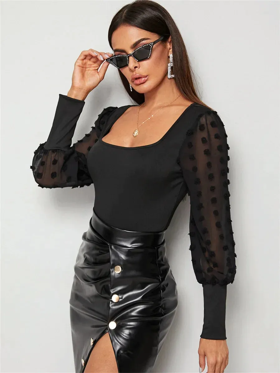 Women Slim Long Sleeve Bandage Square Collar Bodysuit
