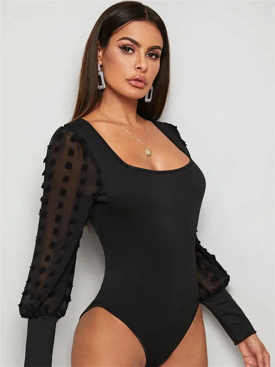 Women Slim Long Sleeve Bandage Square Collar Bodysuit