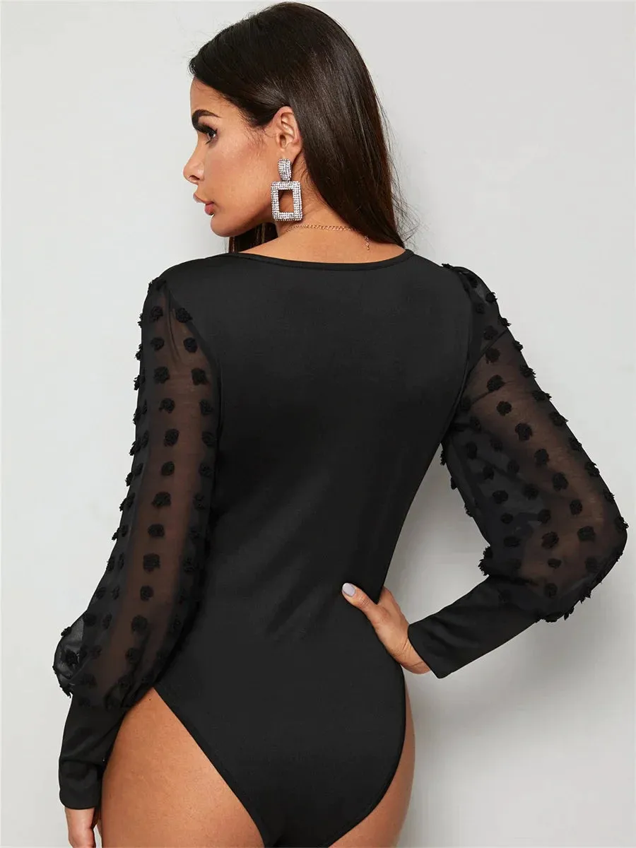 Women Slim Long Sleeve Bandage Square Collar Bodysuit
