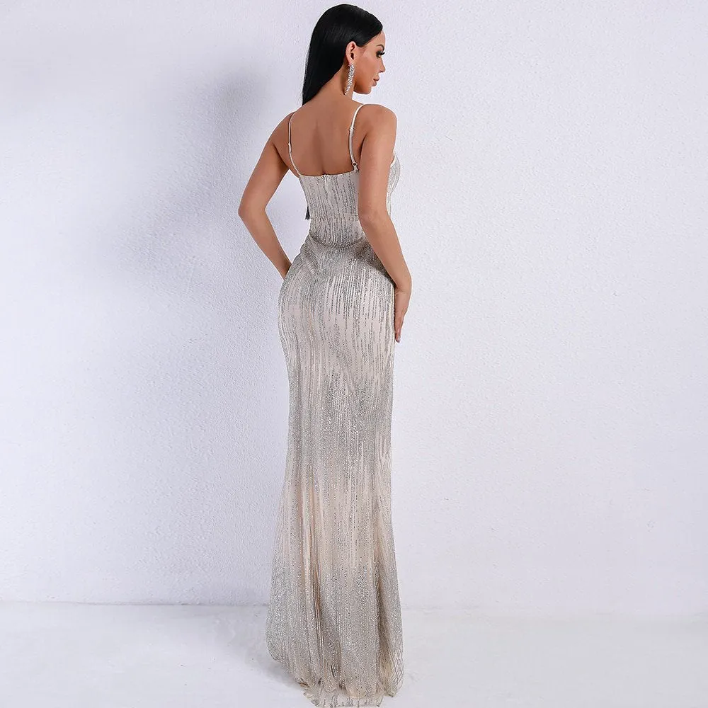 Women's V-Neck Glitter Maxi Backless Dress