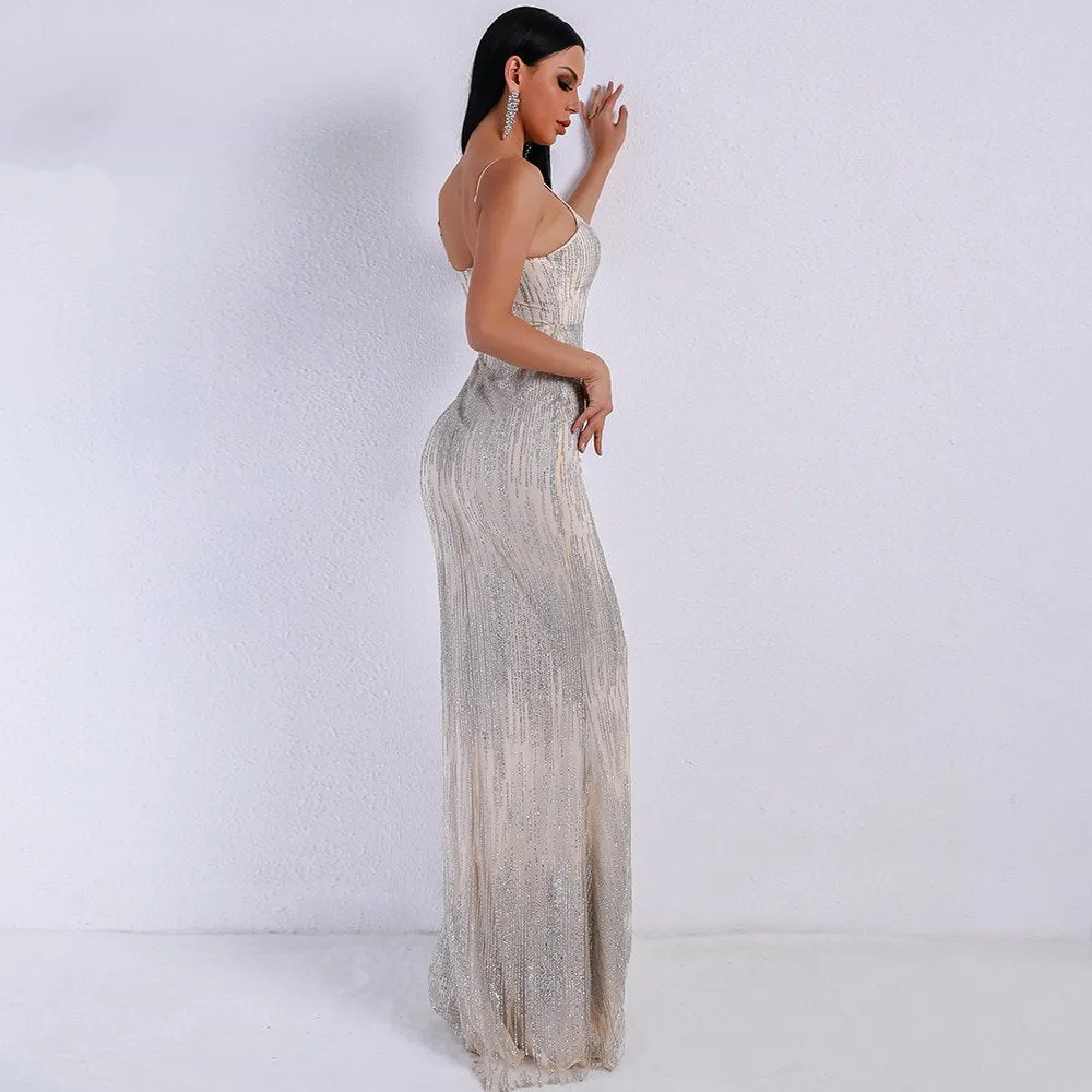 Women's V-Neck Glitter Maxi Backless Dress