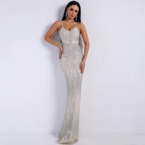 Women's V-Neck Glitter Maxi Backless Dress