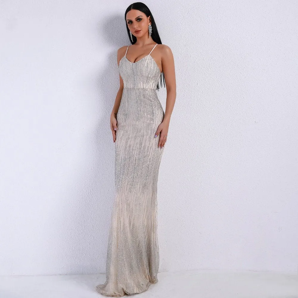 Women's V-Neck Glitter Maxi Backless Dress