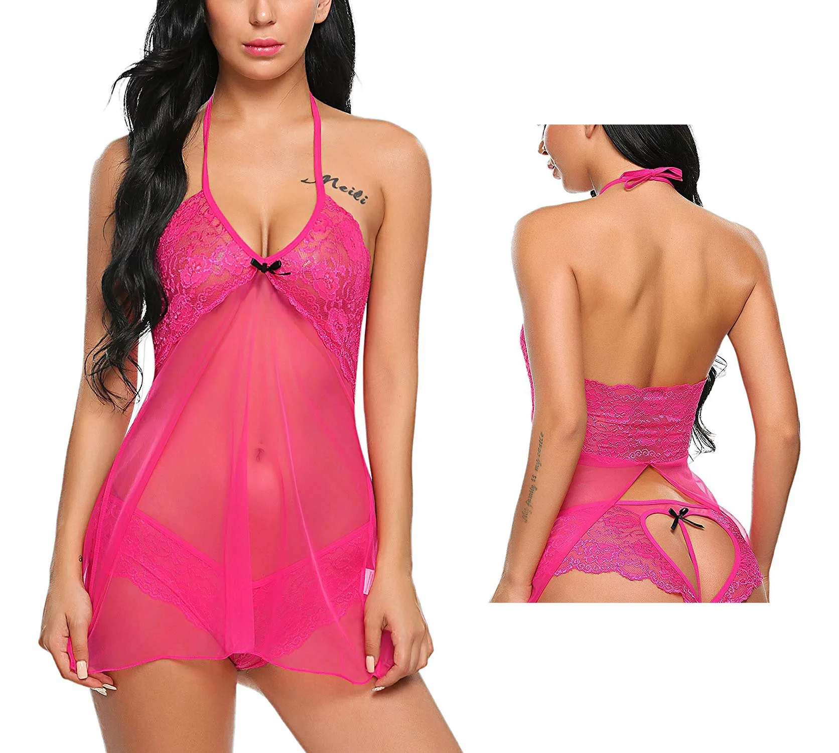 Xs and Os Women's Lace Babydoll Lingerie with Heart Design Lace Panty