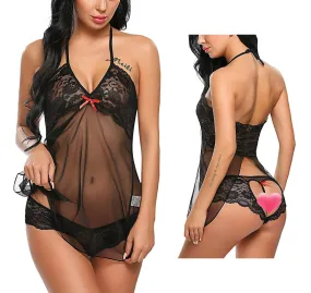 Xs and Os Women's Lace Babydoll Lingerie with Heart Design Lace Panty